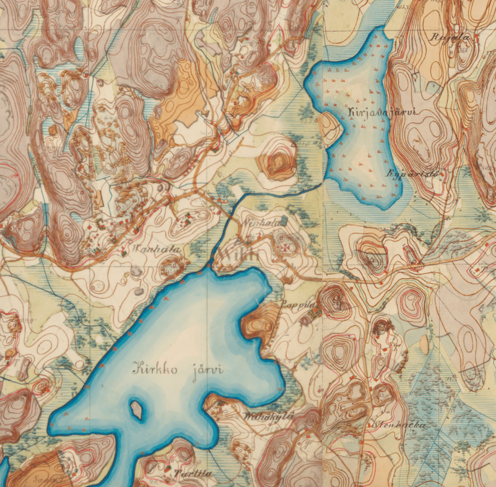 Niuhalan kylä vuoden 1870 peruskartassa.